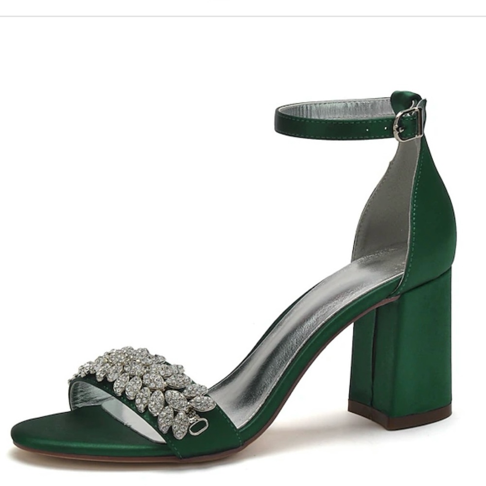 Women's Emerald Green Wedding Block Heel Strap Open Toe Sandals w Rhinestones